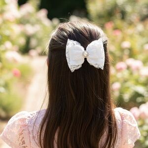 White Lace Hair Bow clip with Pearl Rhinestone , Handmade and NWOT .
